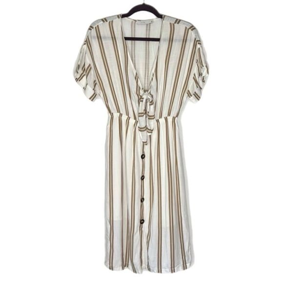 Lush Tan White Stripe Short Sleeve Tie Front Dress - Picture 1 of 4